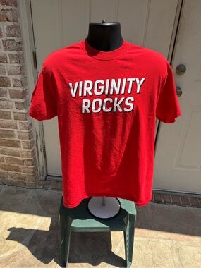 Danny Duncan, Short Sleeve, Red, Shirt with 'VIRGINITY ROCKS' in White, Size L